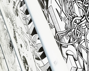 Kakémono, impressão em lona preta e branca dos meus desenhos aleatórios 50 x 143 cm (19,7" x 56,3"), limitado a 30 exemplares