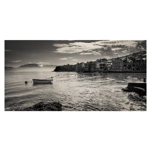 Postira, Plaza Zastivonje Brac Island, Croatia, panoramic picture, fine art print B&W photography, wall art, seascape, travel photo
