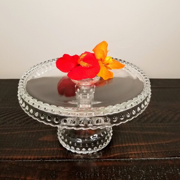 Vintage LE Smith Clear Glass Hobnail Footed Cake Stand, Cake Plate, 8 Inch