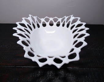 Milk Glass Oval Bowl Westmorland Doric Lacy Edge, Vintage Fruit Bowl