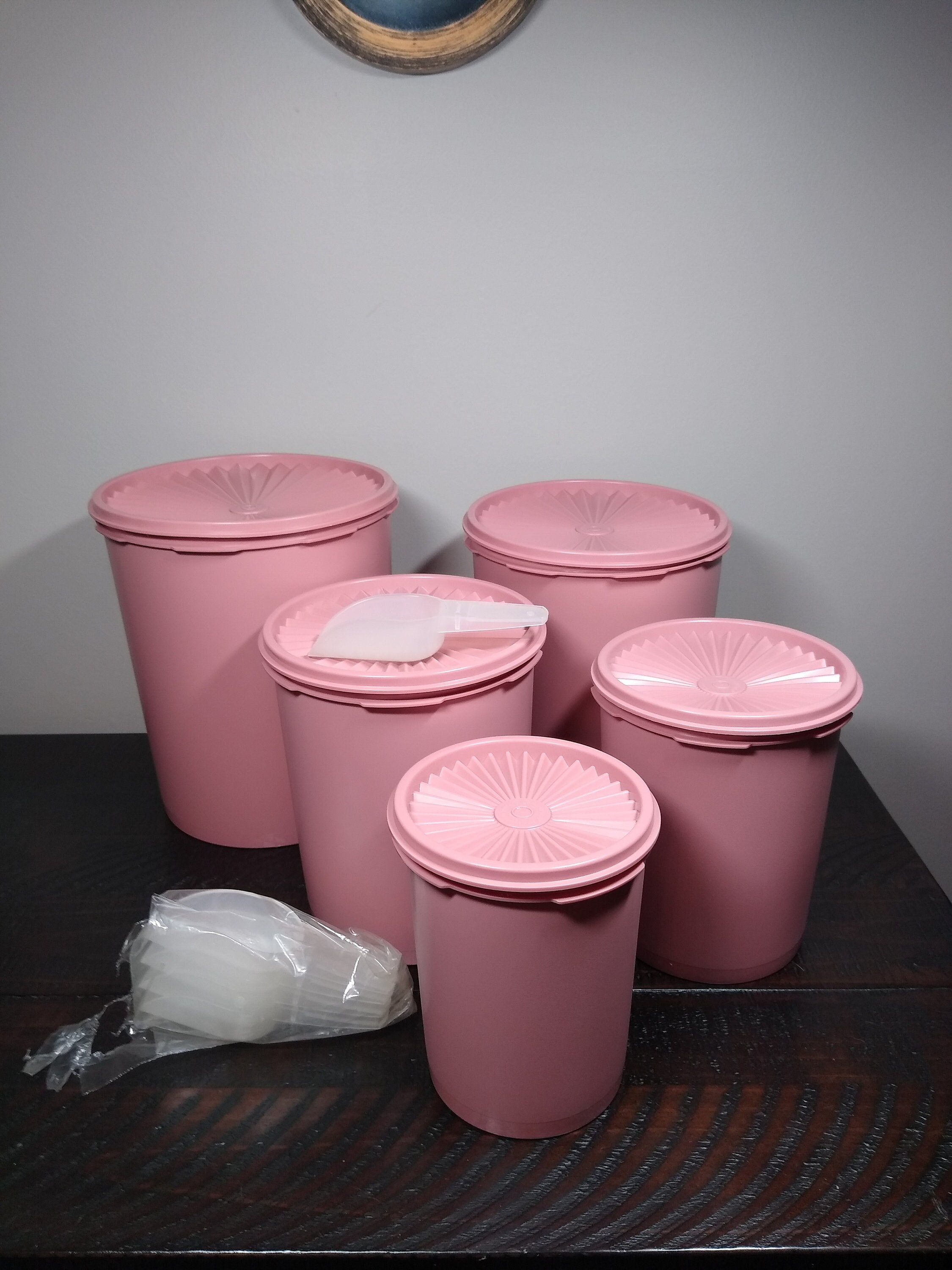 Set of 5 Vintage Dusty Pink Tupperware Servalier Canisters With