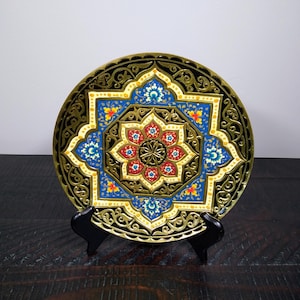 Hand Painted Uzbek Brass Plate, Vintage Hand Carved and Painted Plate, Wall Hanging, Made in Uzbekistan