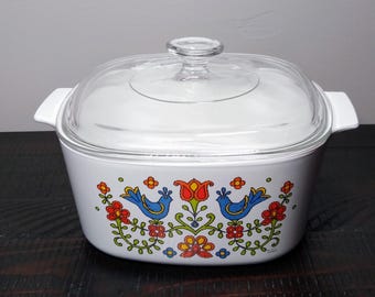 Corning Ware Country Festival 3 Quart Casserole Dish with Lid, Vintage Blue Birds Square Baking Dish