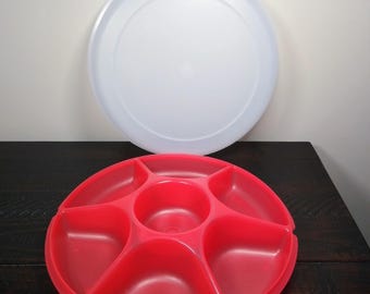 Large Tupperware Red and Sheer Divided Veggie and Dip Tray with Lid
