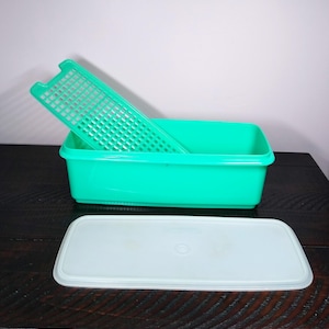 May include: A bright green rectangular plastic storage container with a matching green removable grid insert and a separate, translucent white rectangular lid. The container features a smooth finish and a simple, functional design.