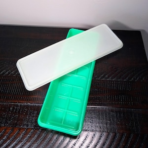 May include: A green rectangular ice cube tray with a white lid. The tray is divided into rectangular sections. The lid is slightly translucent. The tray and lid are made of plastic.