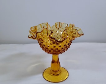Fenton Colonial Amber Compote, Vintage Amber Hobnail Crimped Candy Dish