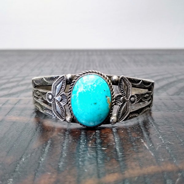 Vintage Navajo Silver and Turquoise Cuff Bracelet, Small Handmade Cuff