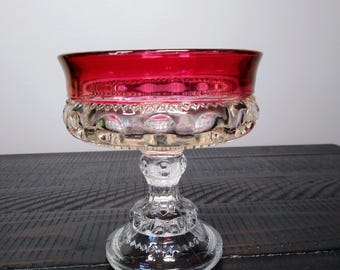 King's Crown Cranberry Compote Dish, Vintage Tiffin Franciscan Flashed Ruby Candy Dish