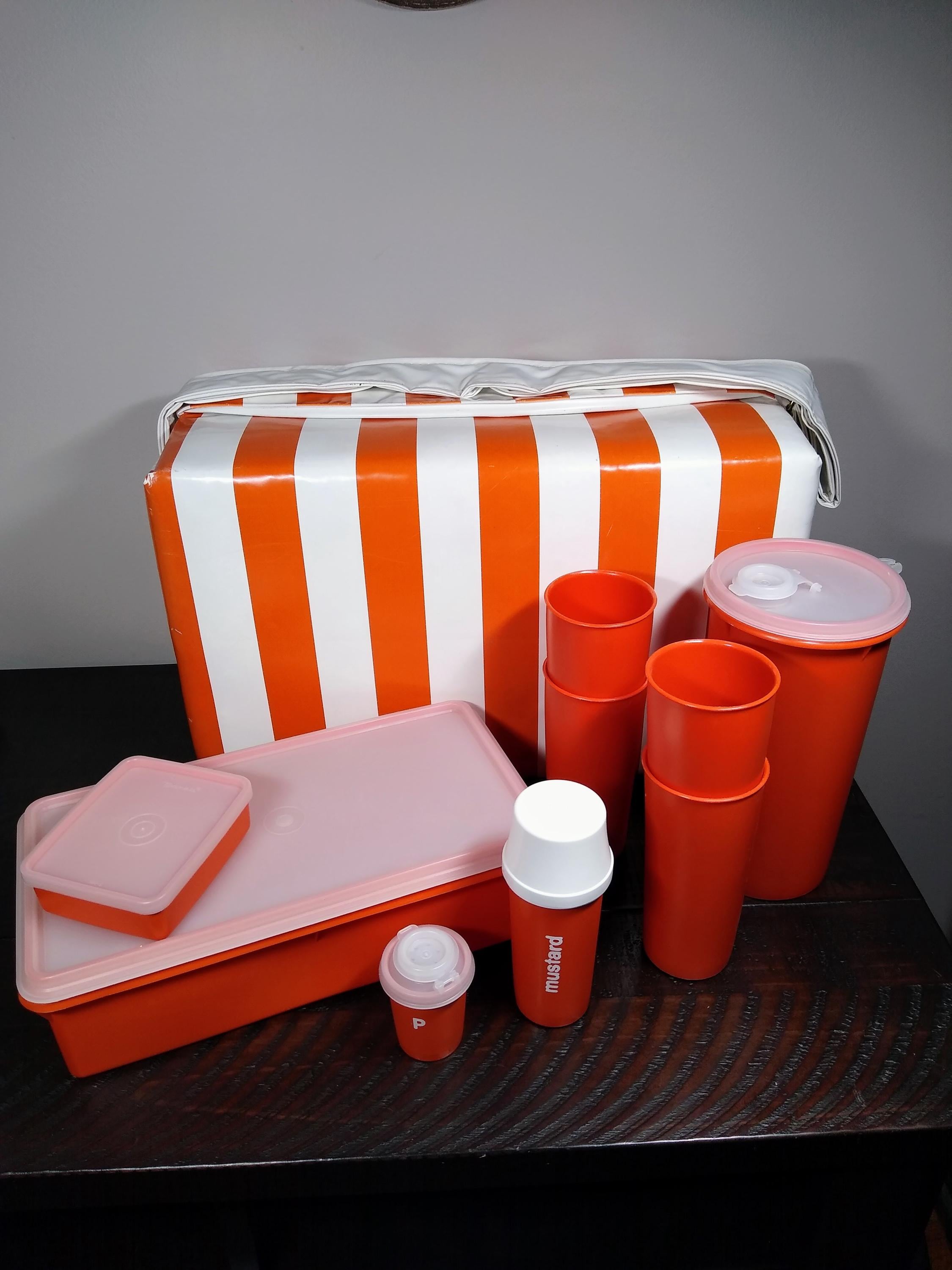 Tupperware Picnic Set, Vintage Orange and White Stripe Picnic Bag