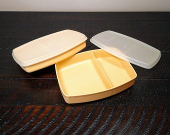 Pair of Vintage Tupperware Packette Light Gold Divided Snack Containers