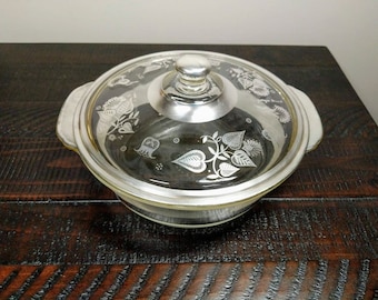 Georges Briard Anchor Hocking/Fire King Silver Flower Overlay Vintage Round 2 Quart Casserole Dish with Lid