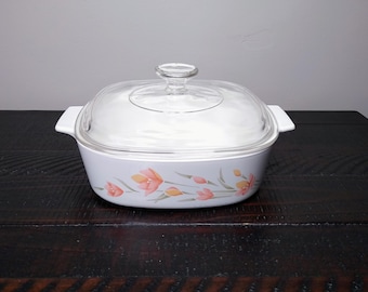 Vintage Corning Ware Peach Floral 2 Liter Casserole Dish with Lid
