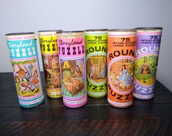 Vintage Storyland Puzzles, Harret-Gilmar Inc. Children's Story Puzzles in Cans, Sold Separately