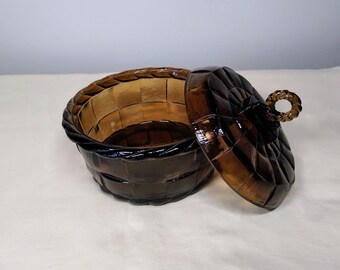 Viking Glass Country Craft Brown Glass Basket, Vintage Root Beer Candy Dish with Lid