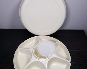 Beige Tupperware Veggie Tray with Lid and Separate Dip Bowl, Vintage Tupperware