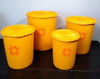 Sunflower Yellow Tupperware Canister Set, Vintage Tupperware Servalier Canisters, canisters with Lids, Orange Flower Design