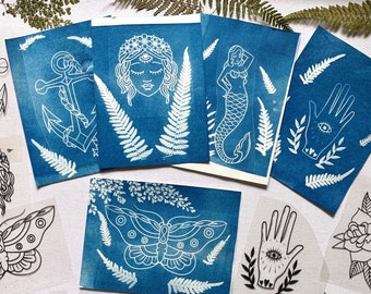 Cyanotype kit, Tattoo flash stencil,  cyanotype  stencils , traditional tattoo art kit  , DIY art kit  , magic paper , tattoo art