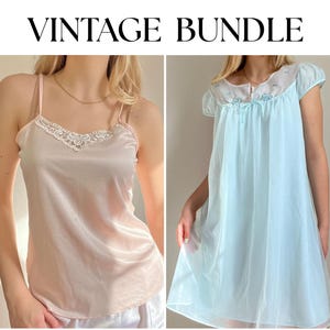 Set di lingerie vintage pastello da donna / abito baby doll celeste anni '60 e canotta rosa