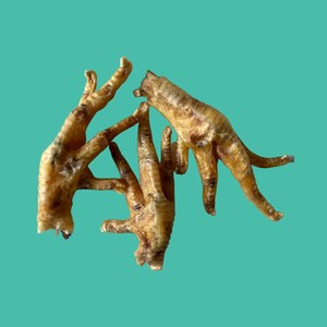 Pu&ograve; includere: Tre zampe di pollo secche, anche conosciute come zampe di pollo, sono disposte a forma di triangolo su uno sfondo turchese. Le zampe sono di colore marrone chiaro e hanno una consistenza leggermente gommosa.