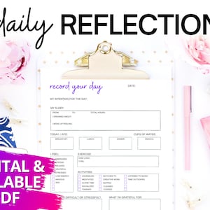Puede incluir: Una página de diario de reflexión diaria imprimible con secciones para el sueño, las comidas, el ejercicio, las actividades y la gratitud. La página está diseñada para ayudarte a registrar tu día y reflexionar sobre tus experiencias.
