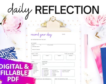 May include: A printable daily reflection journal page with sections for sleep, meals, exercise, activities, and gratitude. The page is designed to help you record your day and reflect on your experiences.
