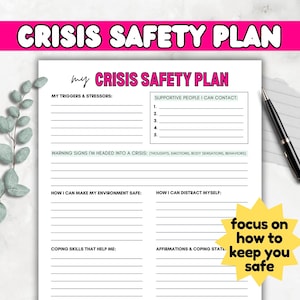 Crisis Safety Plan Worksheet | Coping Skills + Strategies | Therapy Resources | Mental Health Printable | Social Work, Counseling, Wellness
