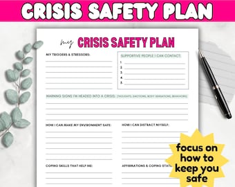 Crisis Safety Plan Worksheet | Coping Skills + Strategies | Therapy Resources | Mental Health Printable | Social Work, Counseling, Wellness
