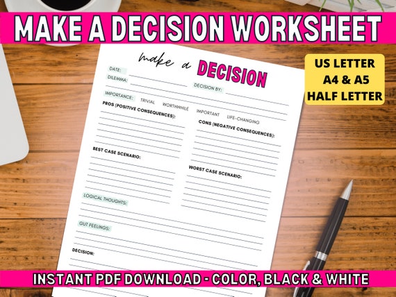 Make a Decision Worksheet PDF | Pros & Cons List | Problem Solving Skills | Therapy, Teacher, School Counselor | Counseling Digital Print