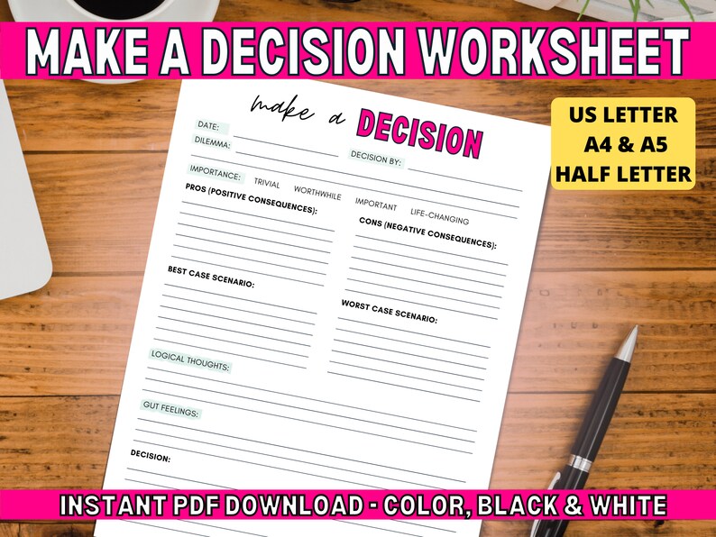 Make a Decision Worksheet PDF | Pros & Cons List | Problem Solving Skills | Therapy, Teacher, School Counselor | Counseling Digital Print image 1