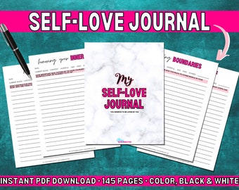 May include: A printable self-love journal with a marble background. The cover features the text "My Self-Love Journal" in pink and black. The journal includes pages for honoring your inner self and setting boundaries.