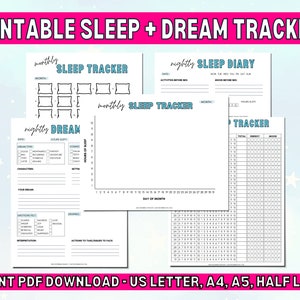 Sleep + Dream Tracker Printable Pack | Daily + Monthly Sleep Log | Dream Journal + Diary | Sleep Template | Undated PDF- A4 - A5 - US Letter