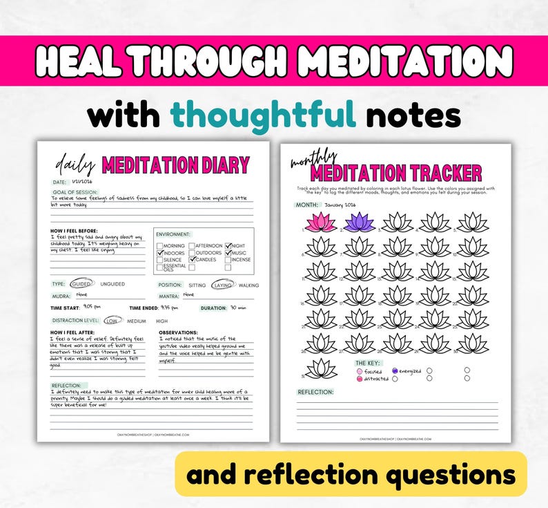 Meditation Tracker Printable | Daily Meditation Journal | Meditating Log | Meditate + Mindfulness | Stress Relief | Chakras | Mantra Tools image 4