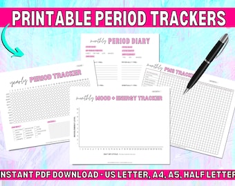 May include: Printable period tracker templates in black and white with pink accents. The templates include a yearly period tracker, a monthly period diary, a monthly mood and energy tracker, and a monthly PMS tracker.