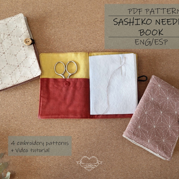 PDF Needle Book Pattern + video + sashiko embroidery templates.