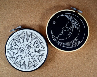 Sun & Moon // Medieval engraving inspired // Bordado a mano 13 cm
