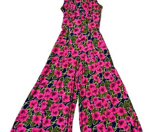 Vintage Floral Wide Leg Jumpsuit, Pink Hibiscus Boho Cottagecore