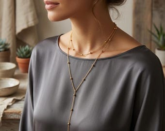 Collier Double Rang Lariat Billes • Or ou Argent • Chaîne Fine Satellite Pendentif Y • Bijou Cou Bohème Minimaliste • Cadeau Femme