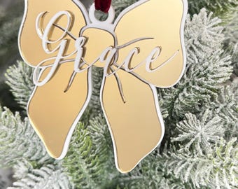 Personalised bow acrylic Christmas hanging tree decoration, xmas ornament, bauble, 2026, name tag, Children's name, layered acrylic laser