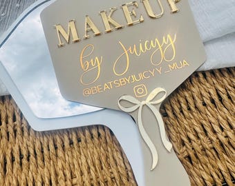 Makeup artist bow photo mirror , Mua gift, makeup pictures, makeup kit ideas, salon decor, beauty room, face shield prop, makeup station