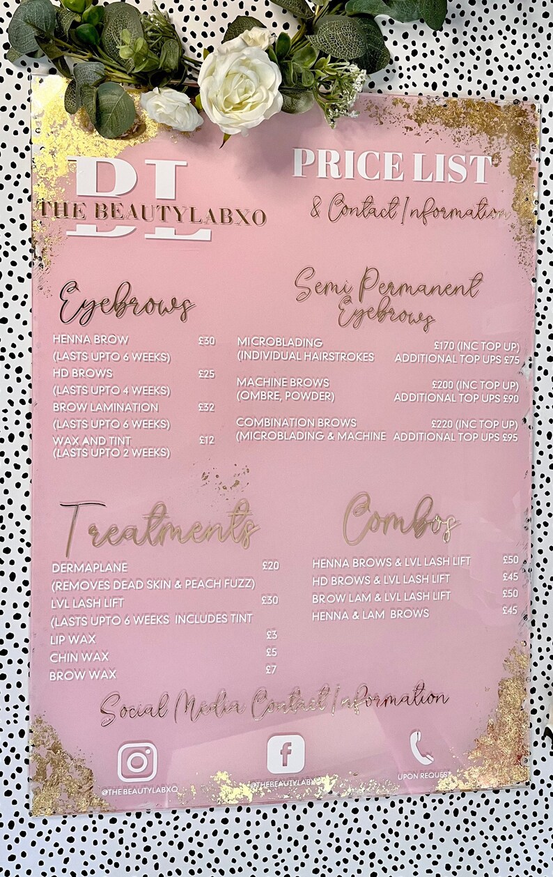 Large A2 Acrylic Price List Sign for Salon Beauty Studio Etsy