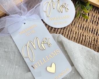 Bridal wedding day door and dress hanger tag, bride to be, wedding gift, do not disturb, Mrs to be, bride busy, Miss to Mrs, preparing