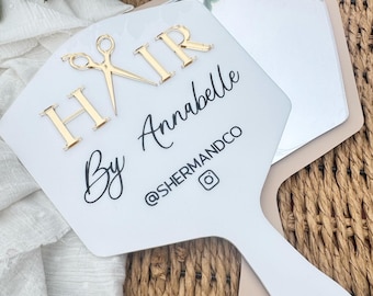 Hairdresser handheld photo prop mirror , hair stylist gift, hair pictures, hair by, extensions by, salon decor,face shield, content creation