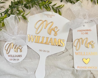 Bridal Wedding day bundle,handheld mirror , bride to be, wedding gift, bridal gift, Mrs to be, Miss to Mrs, dress hanger tag, door hanger