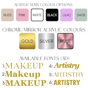 May include: A color chart displaying acrylic options including nude, pink, white, black, lilac, and sage, plus chrome mirror finishes in gold, silver, and rose. Below are six 3D font styles labeled 1 through 6 featuring the words MAKEUP and Artistry.