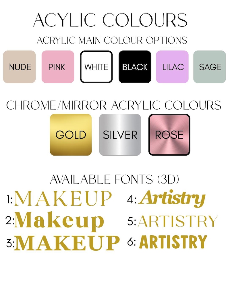 May include: A color chart displaying acrylic options including nude, pink, white, black, lilac, and sage, plus chrome mirror finishes in gold, silver, and rose. Below are six 3D font styles labeled 1 through 6 featuring the words MAKEUP and Artistry.