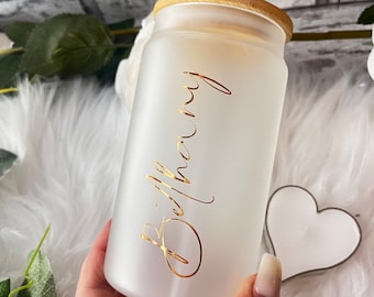 Personalized Glass Cup with Straw Bamboo Lid, , Custom Iced Coffee, Gift for her, 16oz, name,