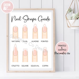 May include: A printable nail shape guide with illustrations of different nail shapes, including natural, oval, almond, pointed, stiletto, square, squoval, and coffin. The guide is printed on white paper with black text.