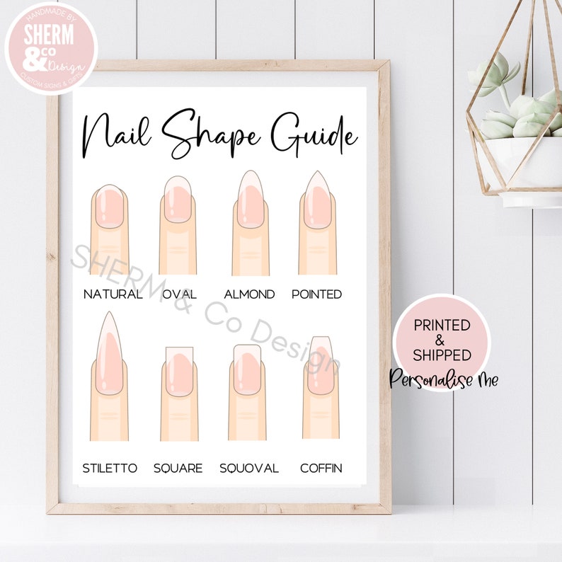 May include: A printable nail shape guide with illustrations of different nail shapes, including natural, oval, almond, pointed, stiletto, square, squoval, and coffin. The guide is printed on white paper with black text.