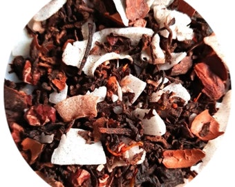 COCONUT MACAROONS TEA | chocolatey black tea | loose-leaf orange pekoe | gluten-free tea blend | luxury cacao infusion